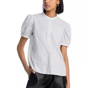 348$ FRAME The Gathered Blouse Top Short Puff Sleeves Size XS Navy White